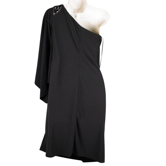 R M Richards Womens 14 One-Shoulder Draped Dress‎ Black Jewel Cocktail Party LBD - Picture 2 of 14